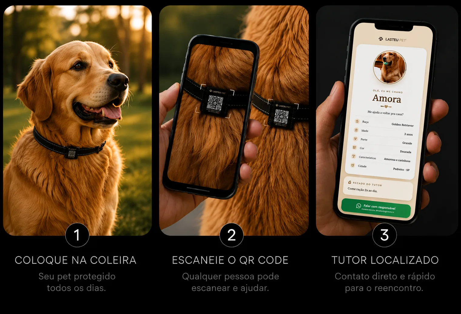 Coloque na coleira, escaneie o QR, tutor localizado