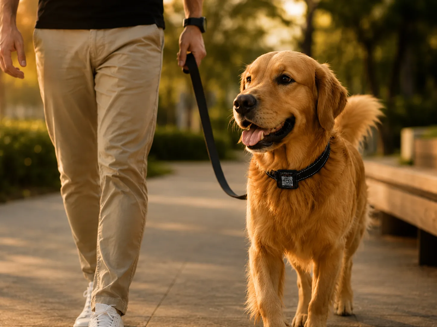 Tutor caminhando com pet usando coleira LASTEU PET